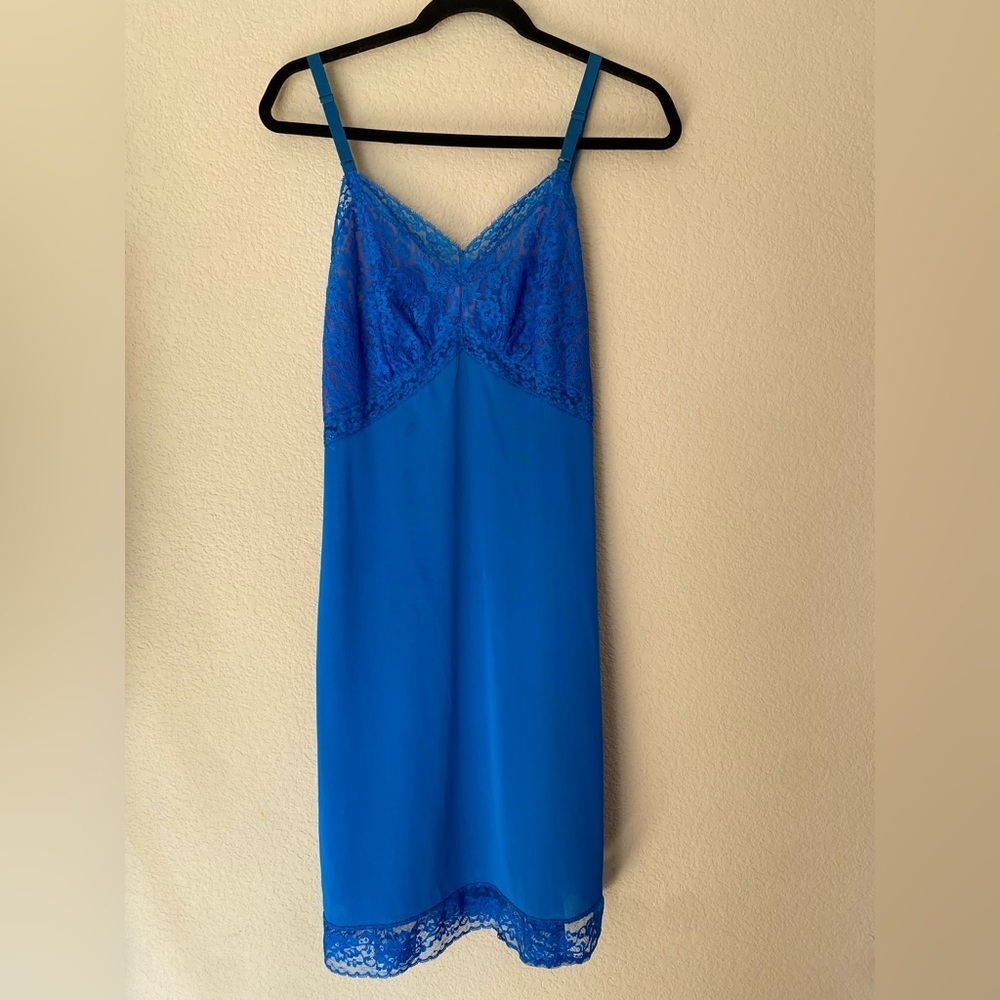 Vintage Elegant Blue Lace Slip Dress Chemise Nightgown Sz 34 or Small